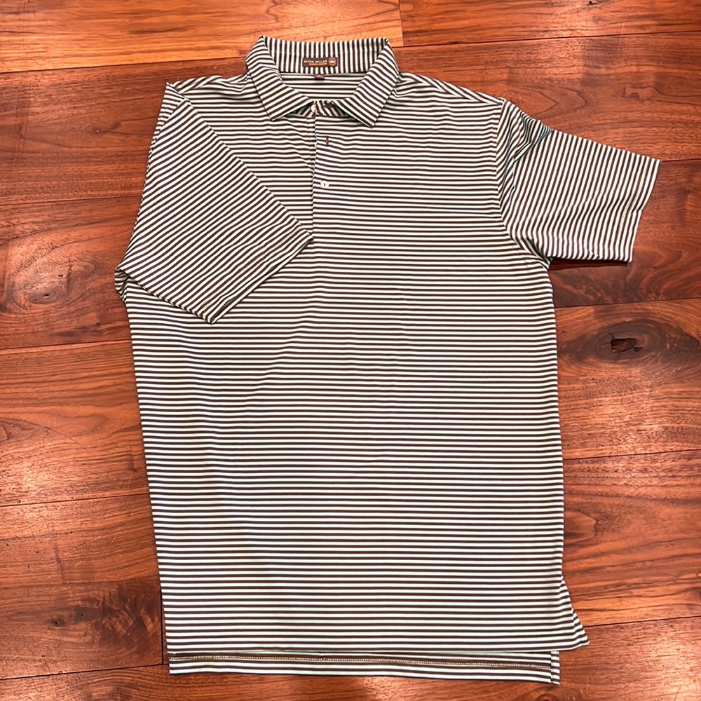Peter Millar Summer Comfort striped polo/golf shirt. XL pale green brown stripe.